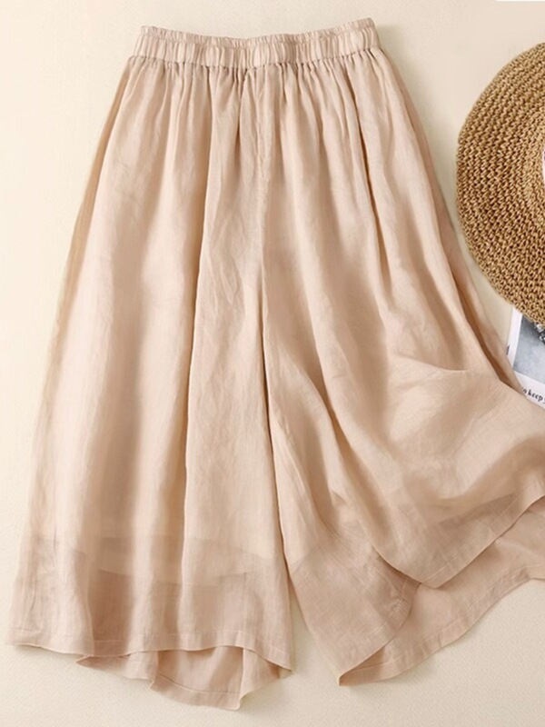 2024 New Double-Layer Cotton and Linen Culottes for Women Summer Thin High-Waist Draped Elegant Casual Three-Point Linen Wide-Leg Pants