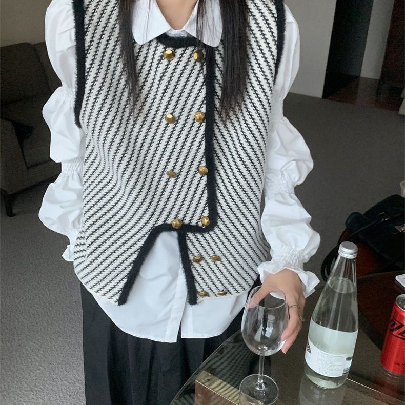 条纹双排马甲秋冬新款小香风外套搭坎肩宽松遮肉显瘦背心上衣外套
