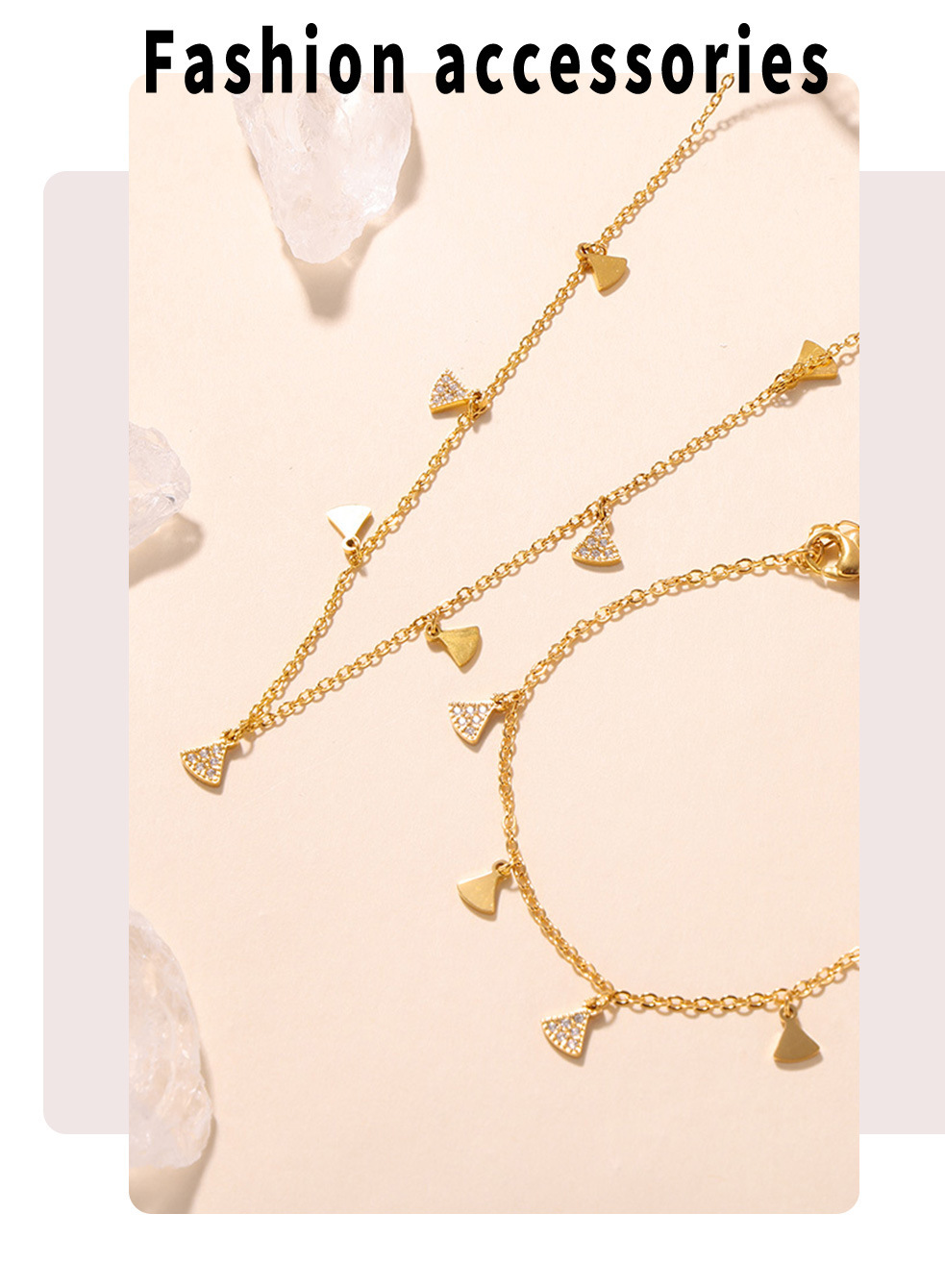 Minigonna geometrica con set di accessori multipli con zirconi intarsiati, collana, bracciale, acciaio al titanio placcato in oro vero, copricapo_voghion.com
