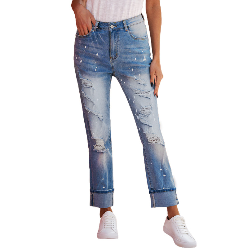 时颖牛仔裤女欧美2022新款街头风磨喷墨高腰九分裤直筒破洞牛仔裤