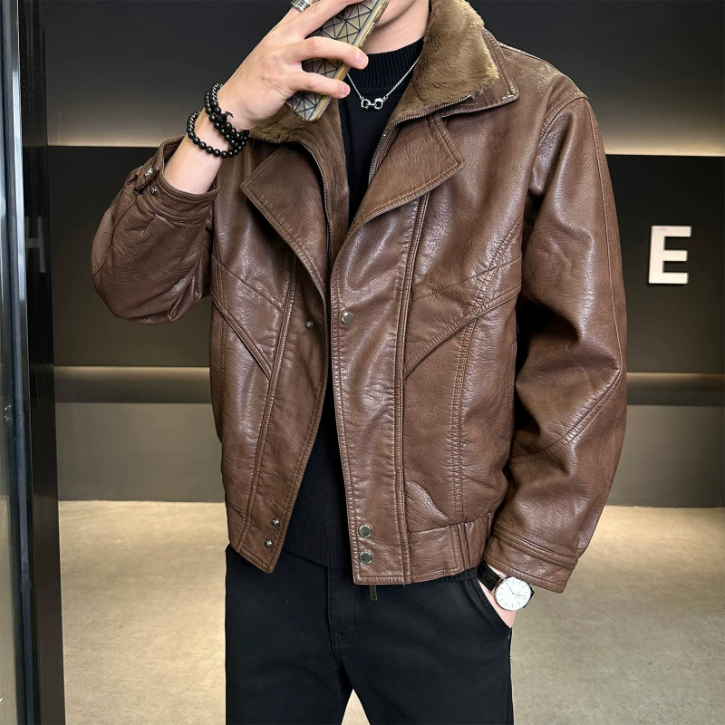 Leather jacket Zuoshan Pi Shuai motorcycle fake two-piece plush leather jacket