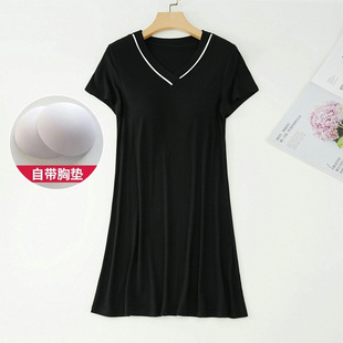 Women's Summer Short-sleeved V-neck Pajamas with Chest Pad Women's Outwear Mid-length dress Pajamas Home Clothes in stock