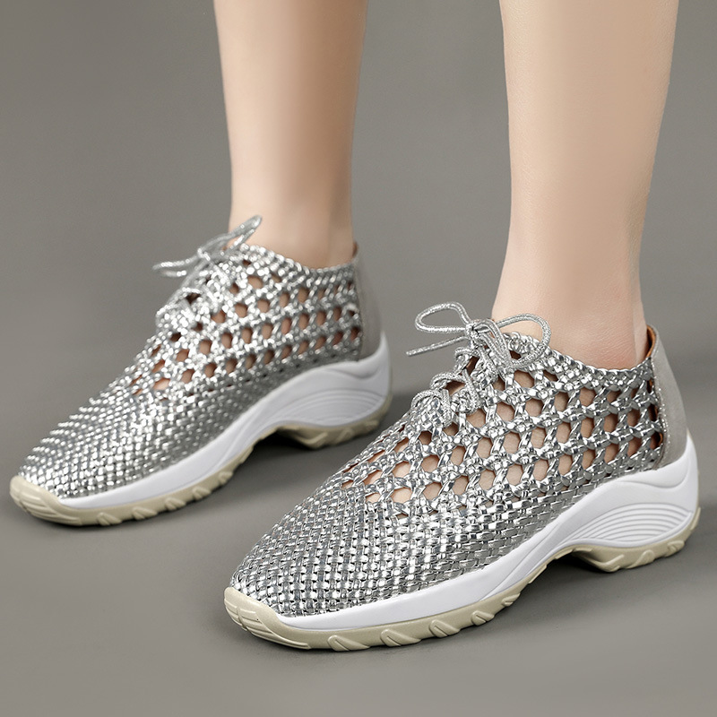 Round-toe Lace-up Woven Sandals Women's Outer Wear Spring and Summer 2025 New Arrival Sheepskin Flat Heel Thick-soled Breathable Hollow-out Hole Shoes