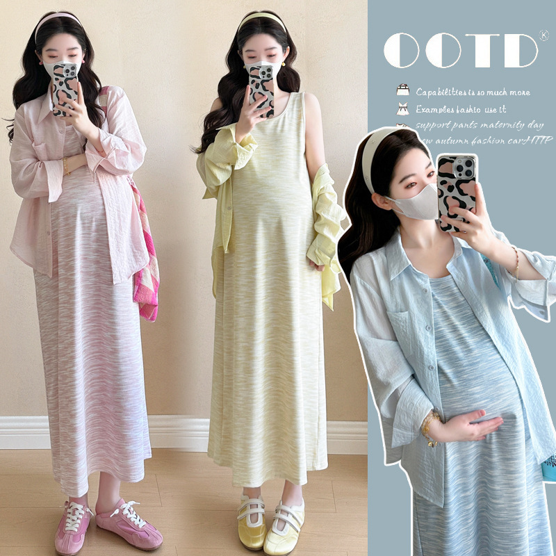 Pregnant Women's Lazy Style suit Summer Trendy Mom's New Sunscreen Shirt Top Loose Strap dress Women's Two-piece Set