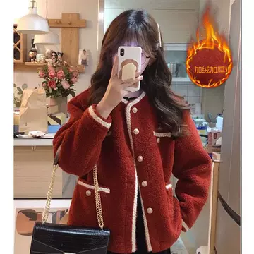 Chanel style red coat for women 2023 autumn and winter French style high-grade fur integrated granular fleece lambswool short women - ShopShipShake