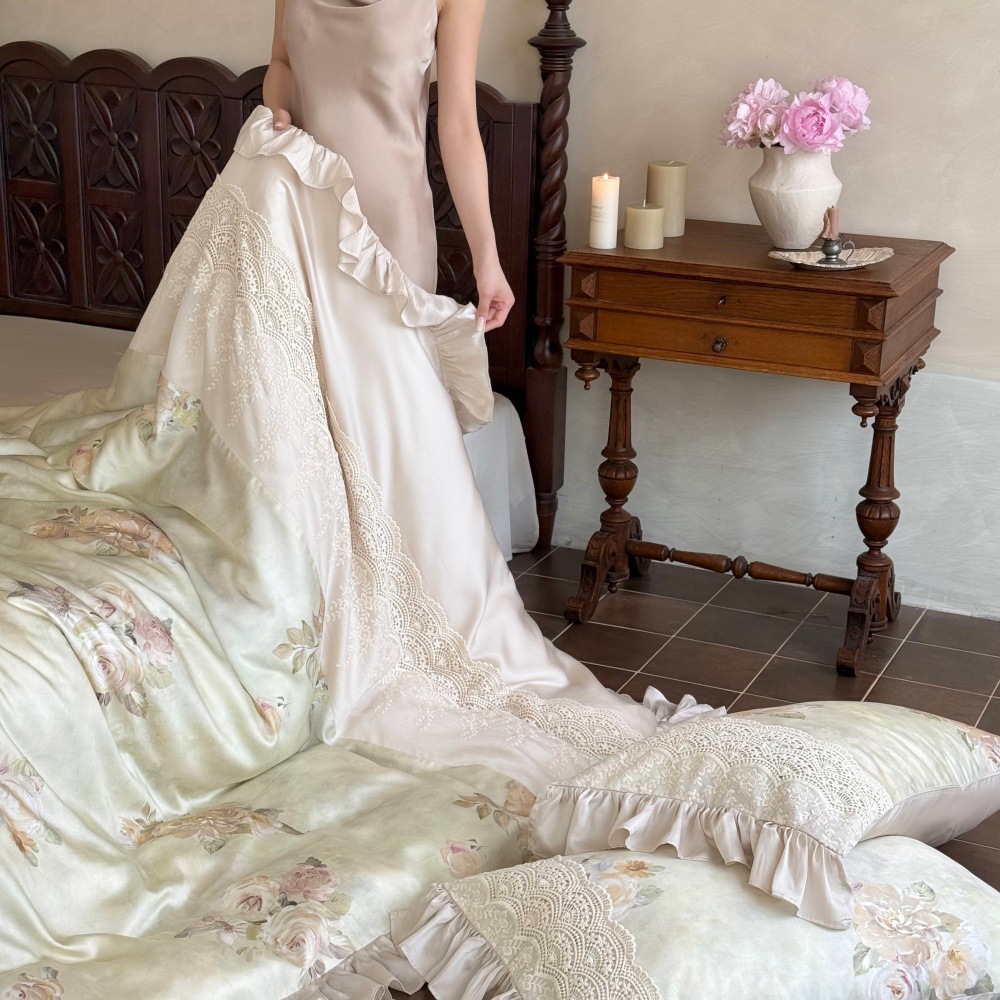 Nordic French Vintage Boho French Vintage Style 120-count Long-staple Cotton Brushed Four-piece Set With Lace Trim, Gentle Bedding Autumn And_voghion.com