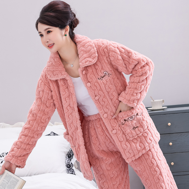 중년 및 노인 어머니를위한 봄 가을과 겨울 산호 양털 잠옷 중년 두꺼운 플란넬 따뜻한 집 옷 세트