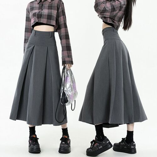 High-end grey semi-slip dress for women with pleated school style, autumn high-waisted flowing medium-long length raincoat style fashion skirt