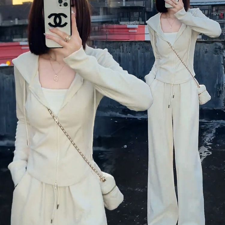高含棉小个子休闲套装女2025年春秋季新款连帽卫衣阔腿裤两件套潮|undefined