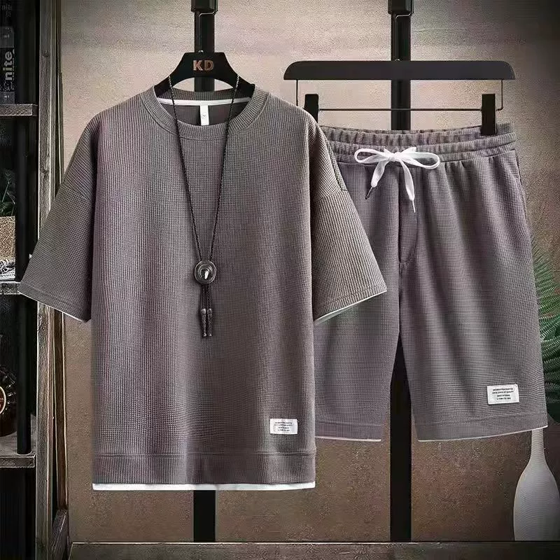 Комплект верх с коротким рукавом и брюки oversize, размеры M–5XL, текстура вафли, повседневный набор