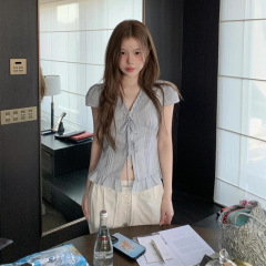 法式短袖衬衫女夏季2025新款设计感系带木耳边修身收腰衬衣小衫