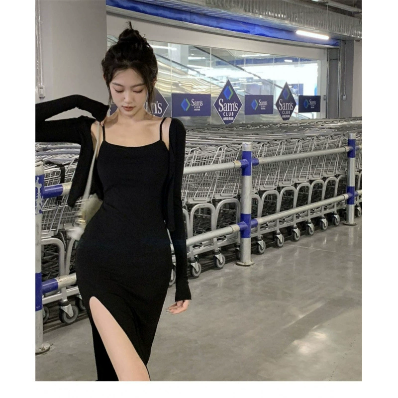 Весенне-осенняя юбка на подтяжках в европейском и американском стиле с кардиганом, сексуальное платье с боковым разрезом, жилет с длинными рукавами, блузка, комплект из двух предметов