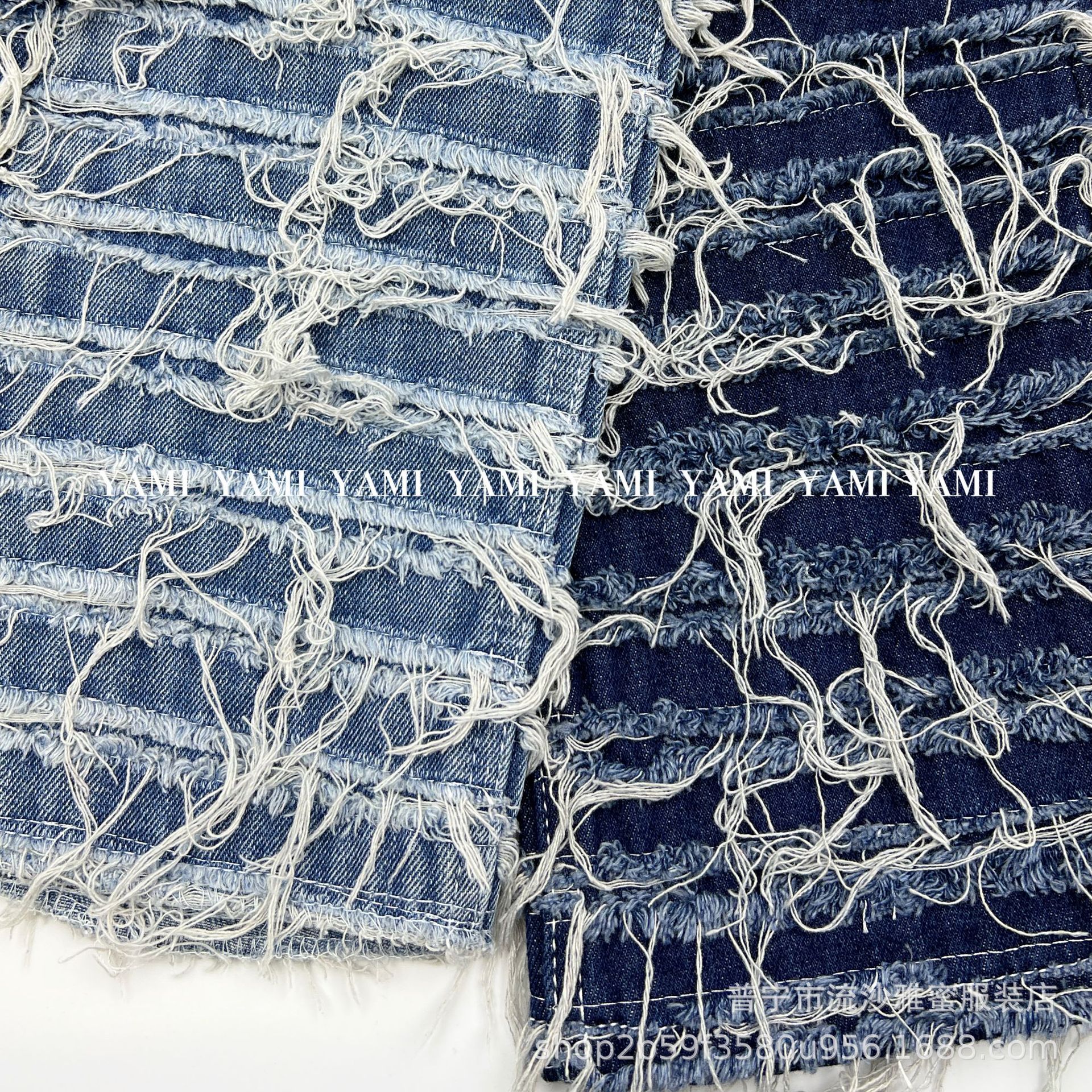 Venta directa de fábrica de doble capa de rayas horizontales borla tela de mezclilla moda marca textura bolsa de tela de los pantalones vaqueros image 5