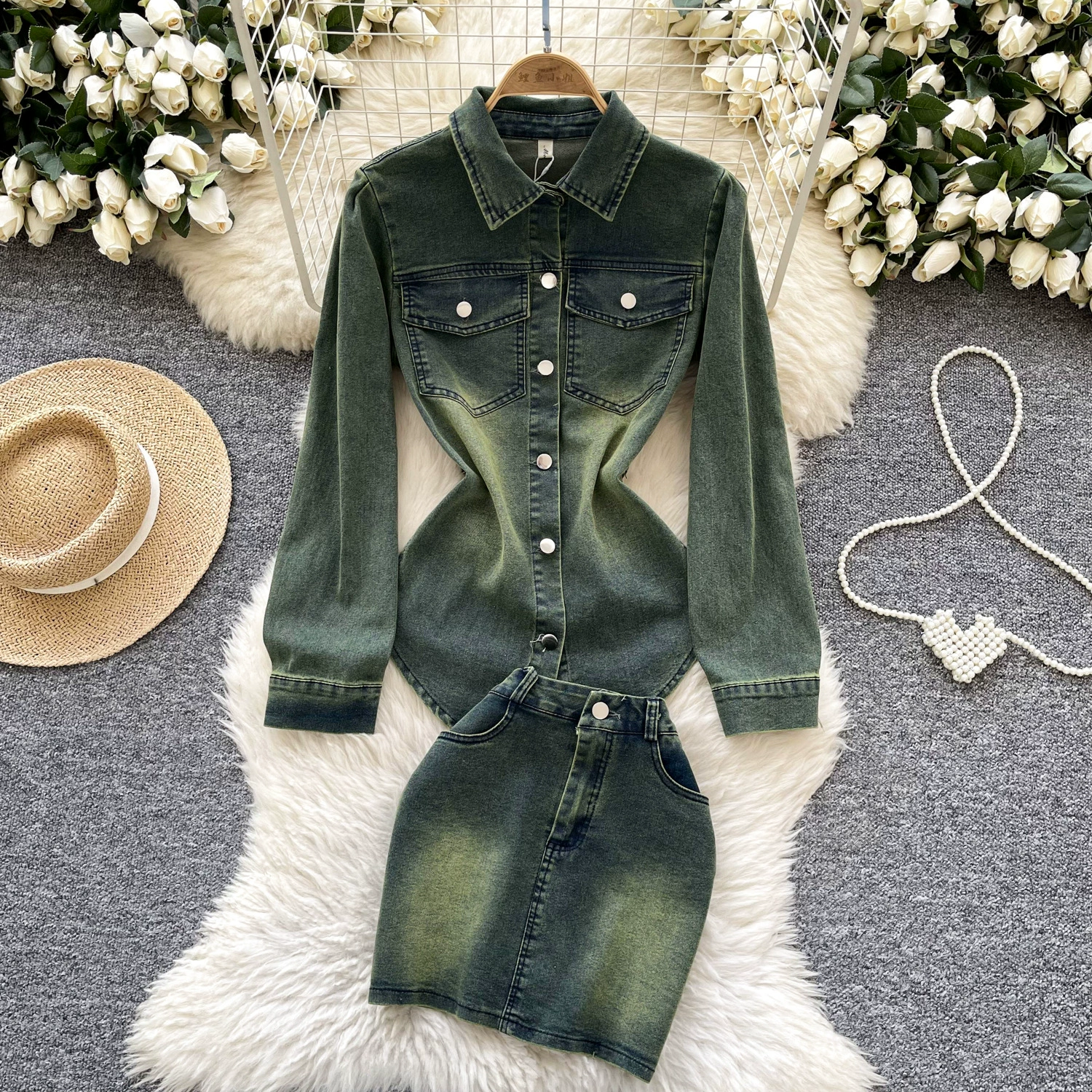 Американская горячая девушка носит джинсовую юбку Женская рубашка с воротником Polo куртка топ юбка с высокой талией