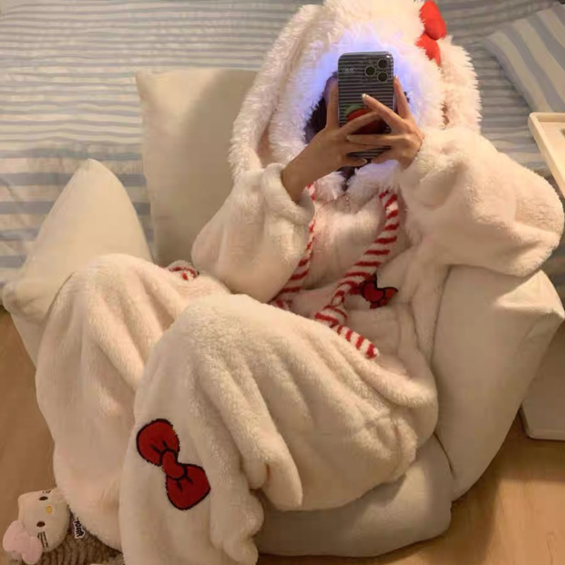 かわいいウサギのワンピースコーラルベルベットパジャマ女性のための冬のベルベット肥厚リボンホーム服豪華なパジャマ冬スタイル|undefined