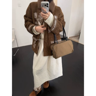 GAGD 麂皮绒复古刺绣游牧风羊羔毛翻领外套女秋冬新款羊羔毛棉衣