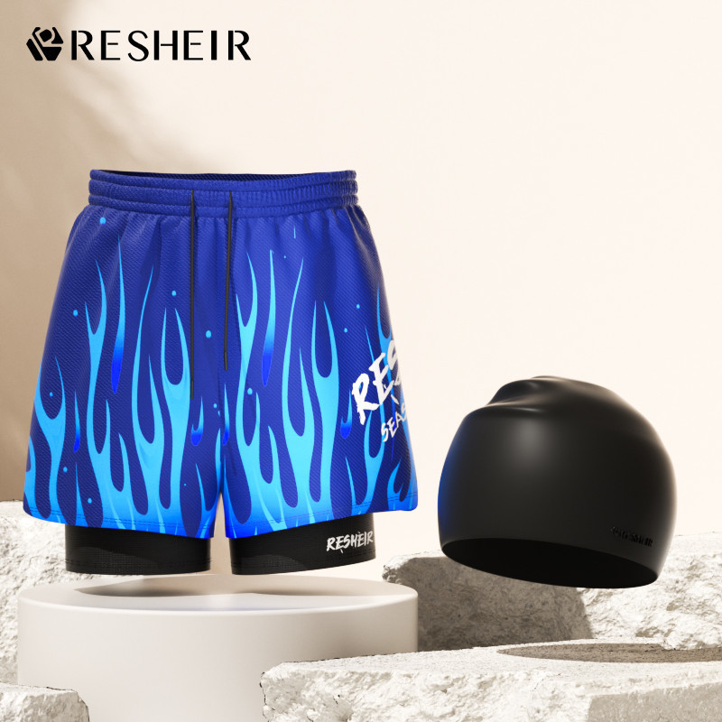 하늘색 불꽃 수영 트렁크 + 수영 모자