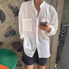 立领棉麻衬衫男慵懒松弛感宽松长袖防晒开衫亚麻肌理感工装衬衣潮