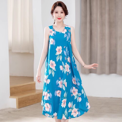 Chic Mid-Age Mother Cotton-Silk Dress for Women Summer New Style Sleeveless Straps Loose Plus Size Vacation Wind Beach Dress