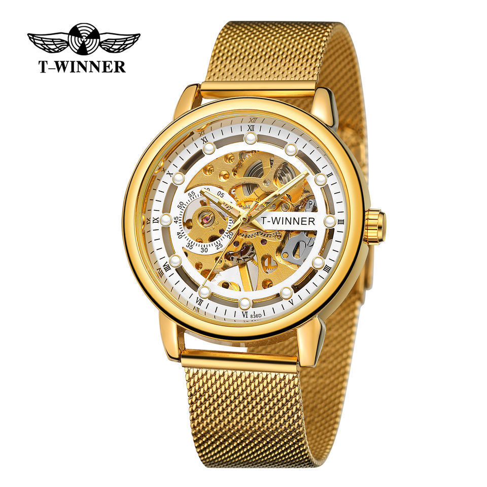 T-winner reloj de hombre europeo y americano reloj mecánico manual hueco de moda transparente reloj de correa de malla de milán 8258