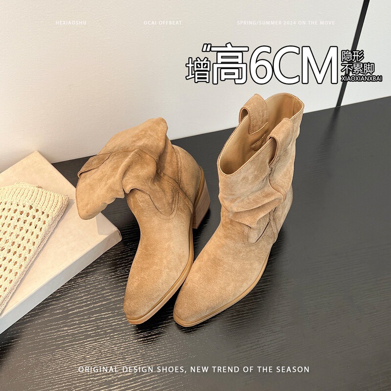 牛皮~内增高9cm尖头堆堆靴短靴女高跟复古西部牛仔骑士靴子马丁靴|undefined