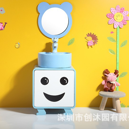 Kindergarten niños lavabo gabinete combinación doble lavabo cerámica dibujos animados lindo color baño lavabo mesa de lavado
