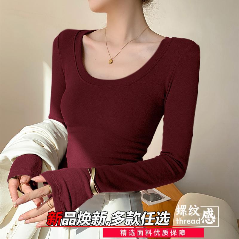 ねじの薄いタイプの大きい丸首の底のシャツの女性の2025秋冬の金のtシャツの新型の中でねじの修身の上着の潮を掛けます。|undefined
