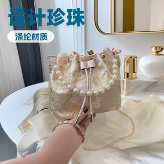 跨境东南亚单肩斜挎包新中式刺绣水桶包小香风珍珠链条国风手提包