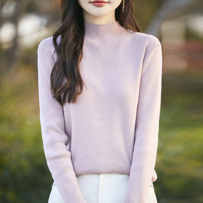 100% Pure Cotton Knitted Bottoming Shirt for Women, Half Turtleneck, Slim Fit, Warm Sweater, Cotton Mid-Collar Top