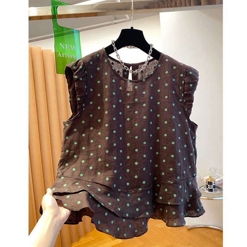 Stunningly beautiful and unique ramie vest, 2026 new summer style, loose-fitting polka dot ruffle sleeveless top for women