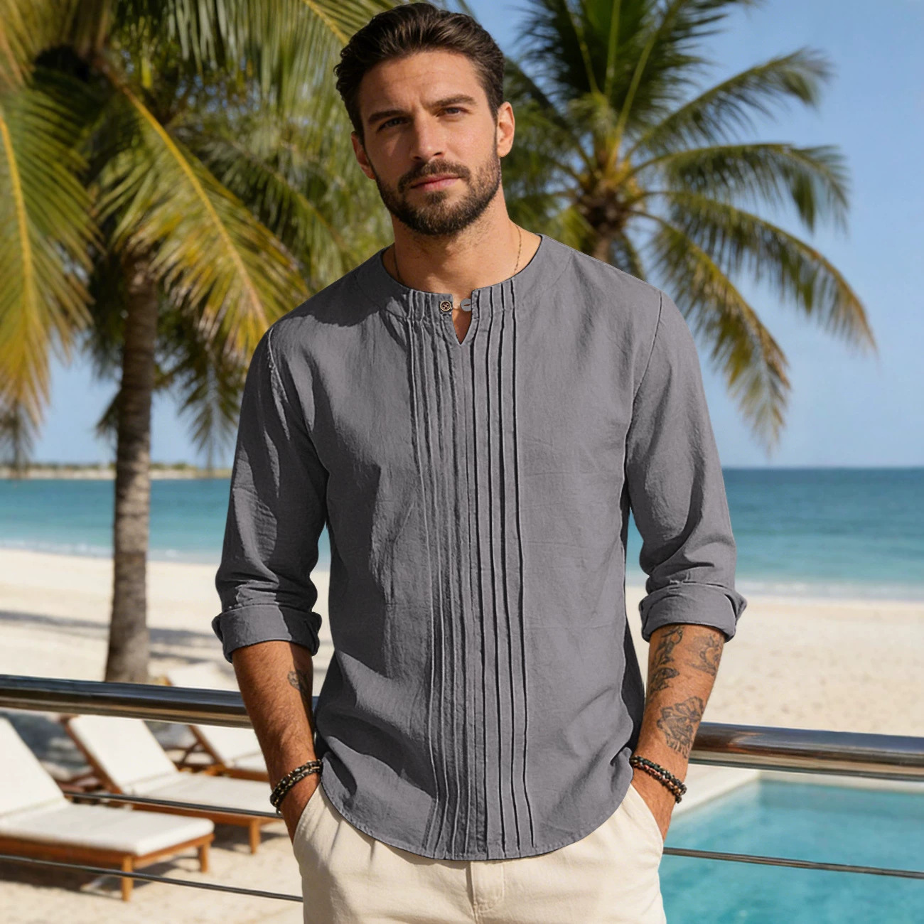 Estación independiente transfronteriza europea y americana spot cuello redondo manga larga hombre primavera otoño y verano blusa de algodón y lino suelta camisa de abrigo