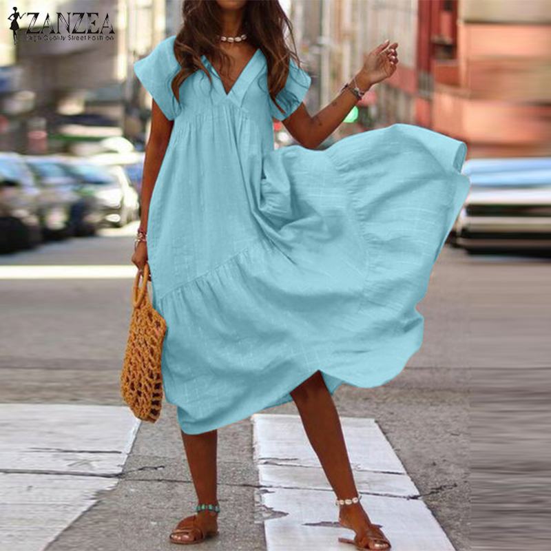 Women's Regular Dress Elegant V Neck Pleated Short Sleeve Solid Color Midi Dress Daily Street display picture 8