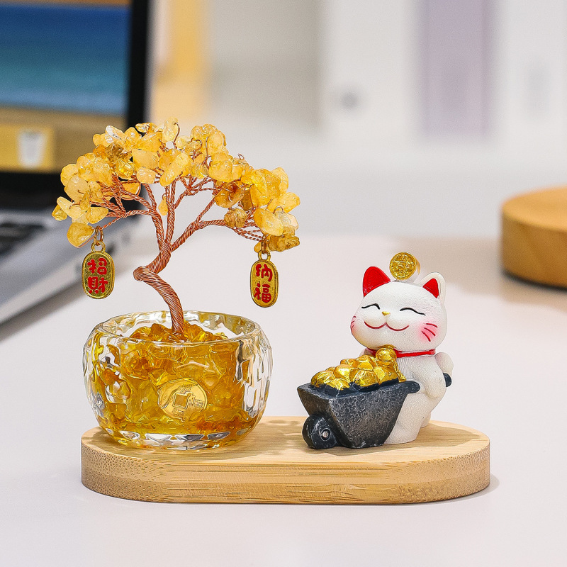 天然黄水晶发财树办公室桌面摆件卡通可爱躺赢招财猫客厅书房装饰|undefined
