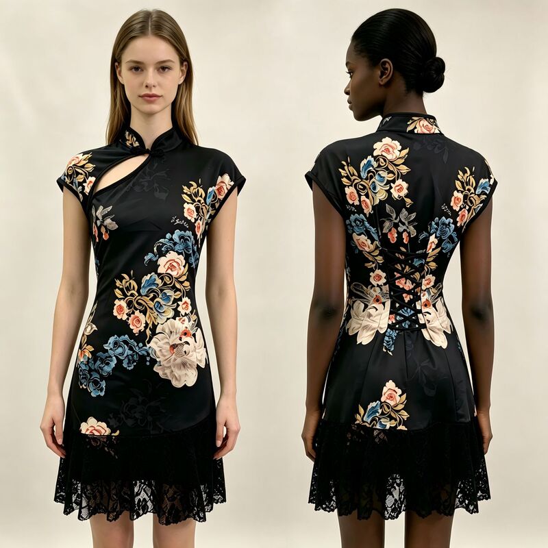 Cross-Border New Chinese-Style Cheongsam Hip-Hugging Skirt, Mature and Elegant Style, Slim Fit, Lace Hem, National Style, Koi Print, Fashionable