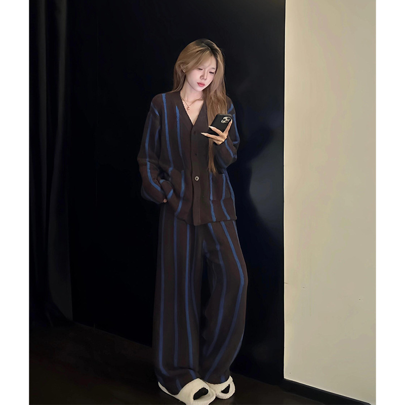 韩系条纹半边绒睡衣女款冬季新款保暖加绒加厚长袖家居服套装大码|undefined
