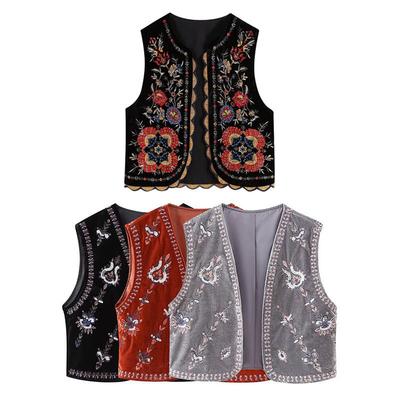 Foreign Trade Cross-Border Wholesale New Women's Clothing European and American Round Neck Flower Embroidery Lace Sleeveless Vest Vest Jacket