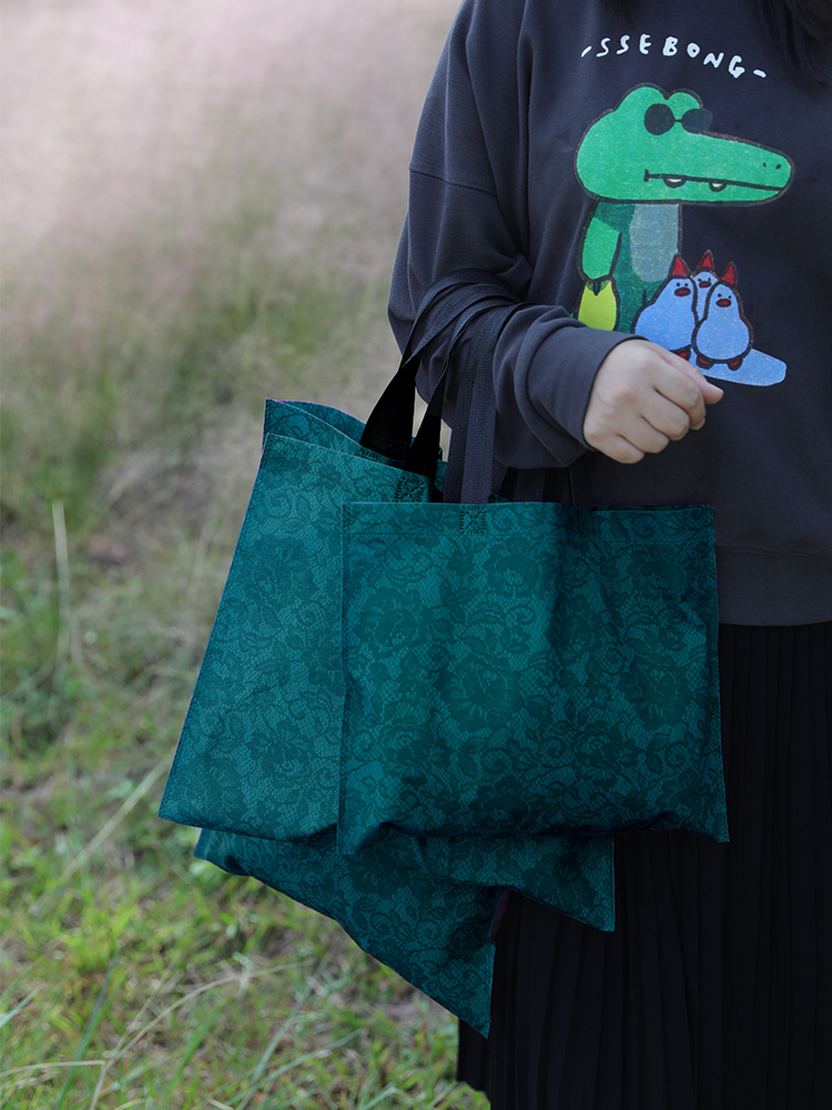 复古墨绿色蕾丝玫瑰无纺布袋定 制女装店服装店手提袋购物袋礼品