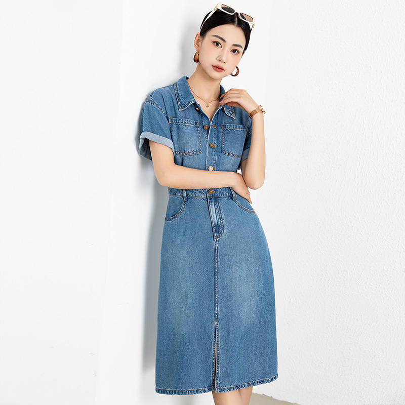Váy denim nữ cổ polo tay ngắn cúc đơn dáng midi mùa hè — Màu xanh lam