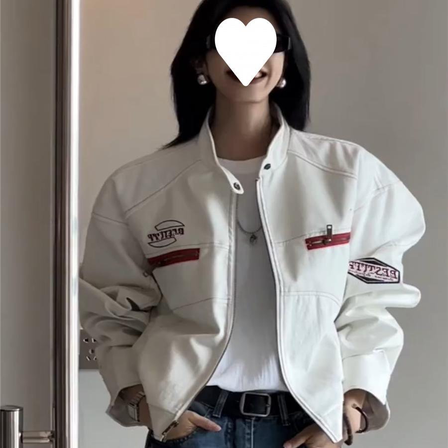 Cross-Border American-Style Pu Leather Motorcycle Jacket for Women, Spring and Autumn New Embroidered Loose Versatile Short Jacket, Trendy White