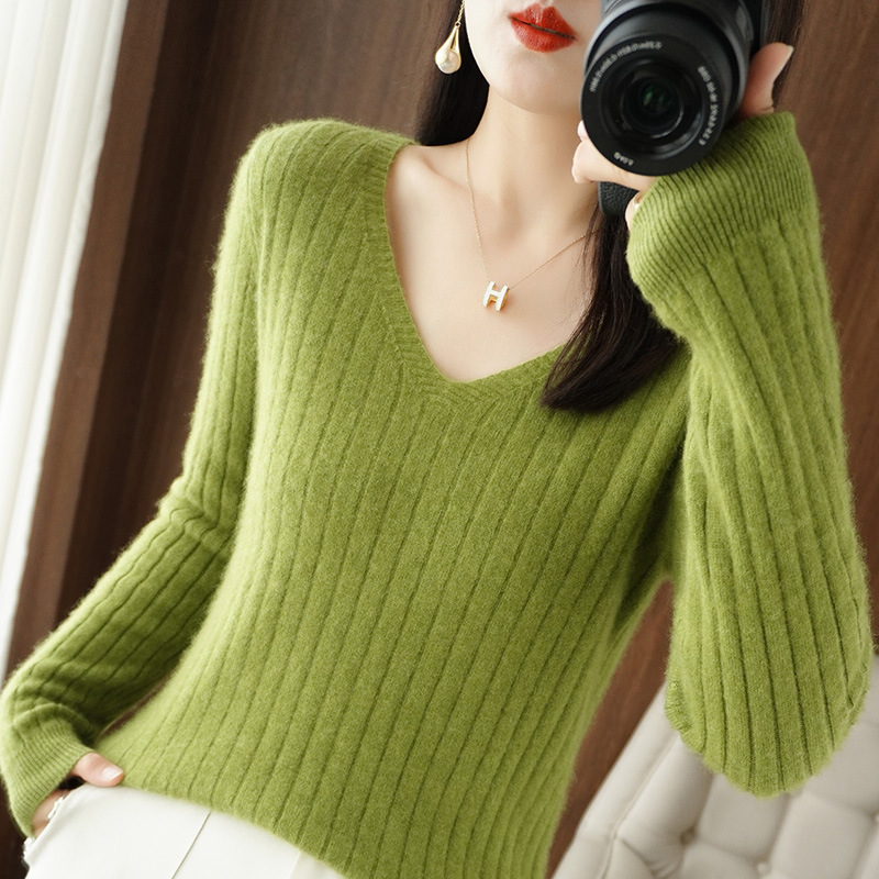 Autumn and Winter New V Neck Striped Long-Sleeved Slim Knitwear Women's Knitwear Versatile Pullover Bottoming Shirt Top Autumn and Winter New V Neck Striped Long-Sleeved Slim Knitwear Women's Knitwear Versatile Pullover Bottoming Shirt Top