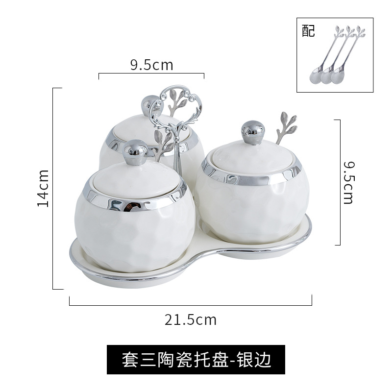 Luz de lujo borde plata tarro de condimento traje hogar botella de condimento de cerámica con tapa sal MSG Jar cocina combinación de almacenamiento