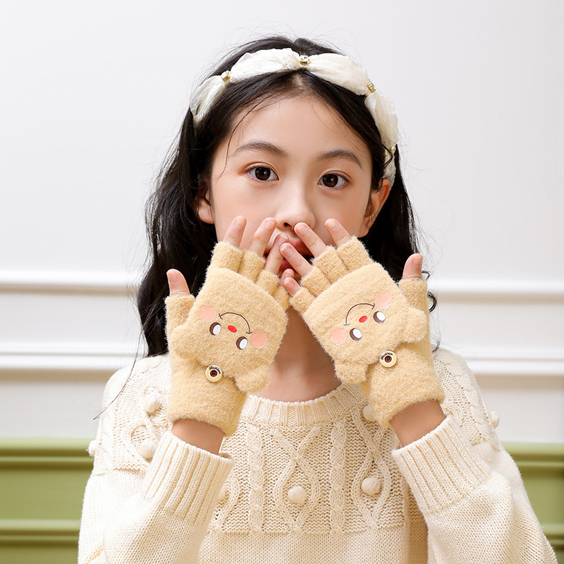 冬の子供の5本の指のかわいいアニメの保温のタッチパネルの半分の手袋のぬいぐるみの厚い半分の指のカバーの5本の指の手袋|undefined