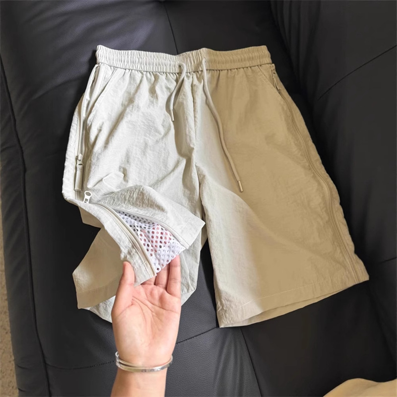 Design Sense Beveled Side Zipper Breathable Shorts Men's Trendy Brand Puppies Handsome Thin Ice Silk Straight Leg Pants Sports Beach Pants