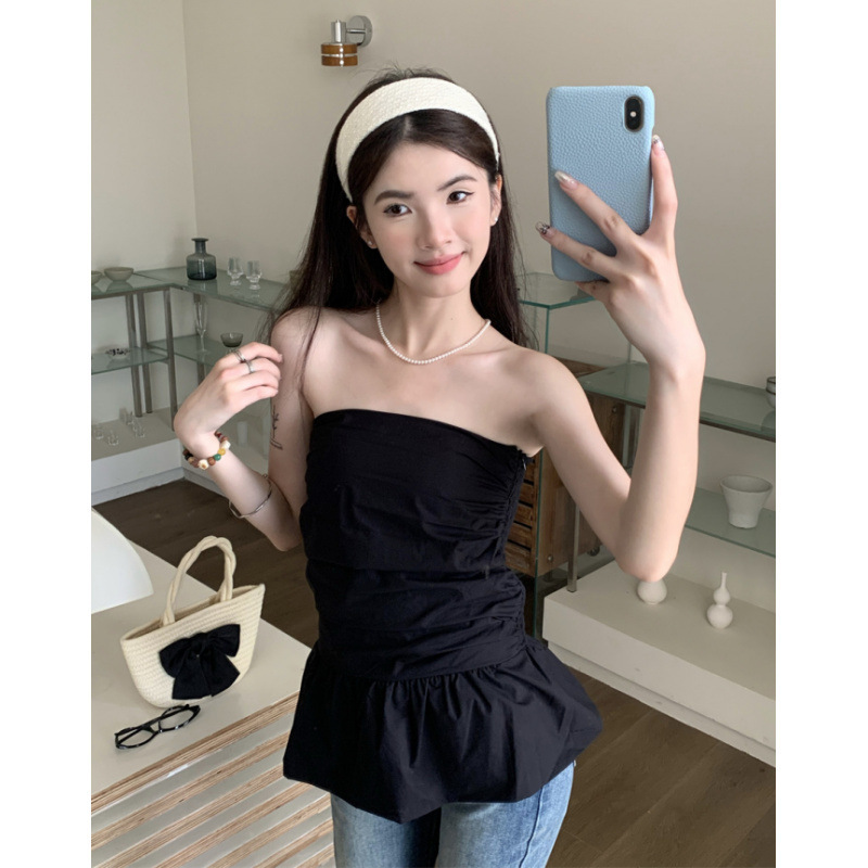 Korea! Designer Slim-Fit Ruched Lace Tube Top Blouse, Unique Off-Shoulder Top for Women Korea! Designer Slim-Fit Ruched Lace Tube Top Blouse, Unique Off-Shoulder Top for Women