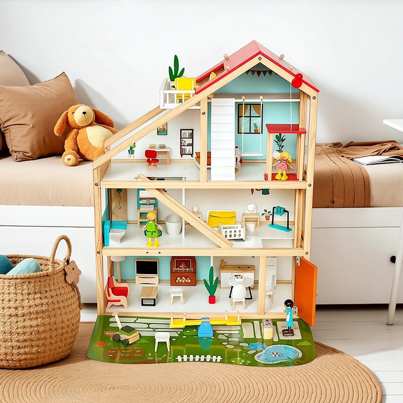 Casa de madera de tres pisos muñeca casa de madera simulación de escena villa mini dormitorio sala de estar muebles juegos de juguetes