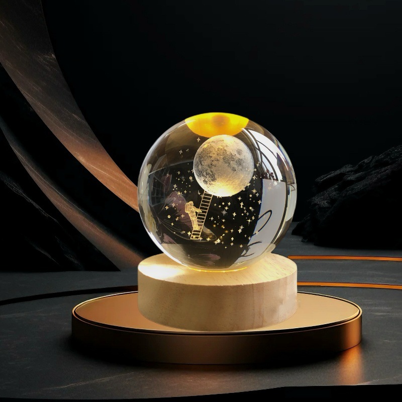 Lámpara de Noche de Cristal con Diseño de Cielo Estrellado 3D, Regalo Navideño, Base Redonda de Madera Luminosa, Lámpara de Mesa, Adorno, Regalo de Navidad