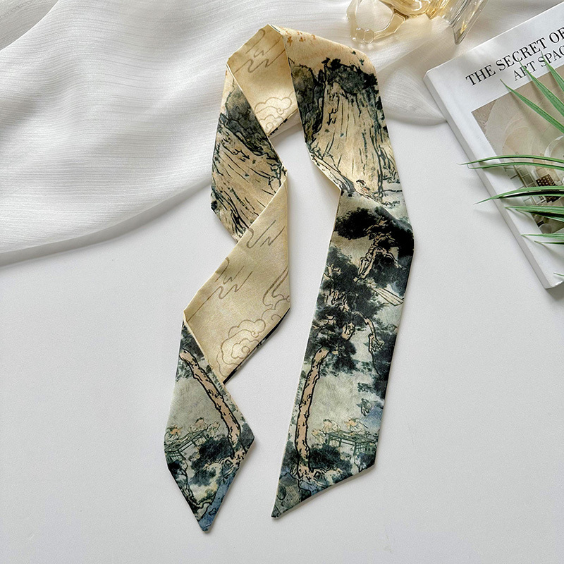 Bufanda larga de seda para mujer 2025 nuevo estilo coreano de alta gama verde verano delgada bufanda de seda lazo para el cabello diadema de bufanda de seda.