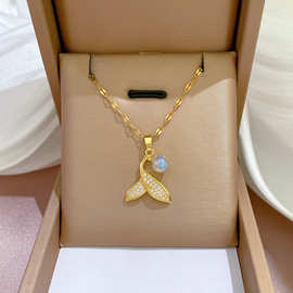 【钛钢】鱼尾人鱼姬微镶真金项链女转运珠ins网红锁骨链配饰品