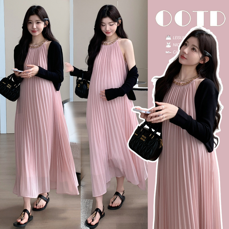 Maternity Dress Sweet New Korean Style 100% off Fashionable Vacation Style Suspender Dress Sun Protection Cardigan Two-Piece Set for Trendy Moms