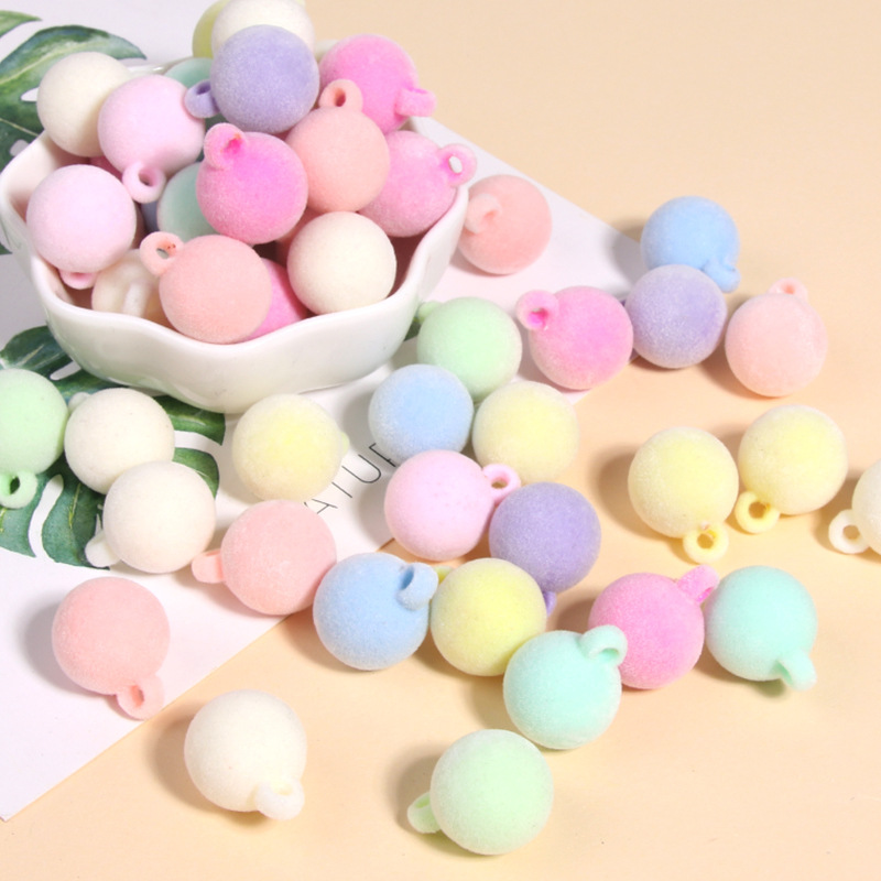 16mm馬卡龍色植絨吊孔珠子糖果色毛絨帶孔圓珠 diy頭飾手機鏈配件